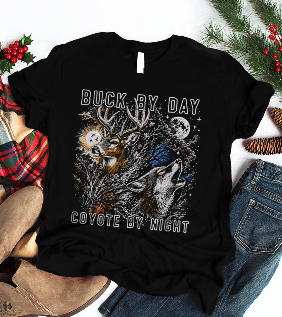 Buck By Day Coyote By Night Deer And Wolf Moon Scene T-Shirt