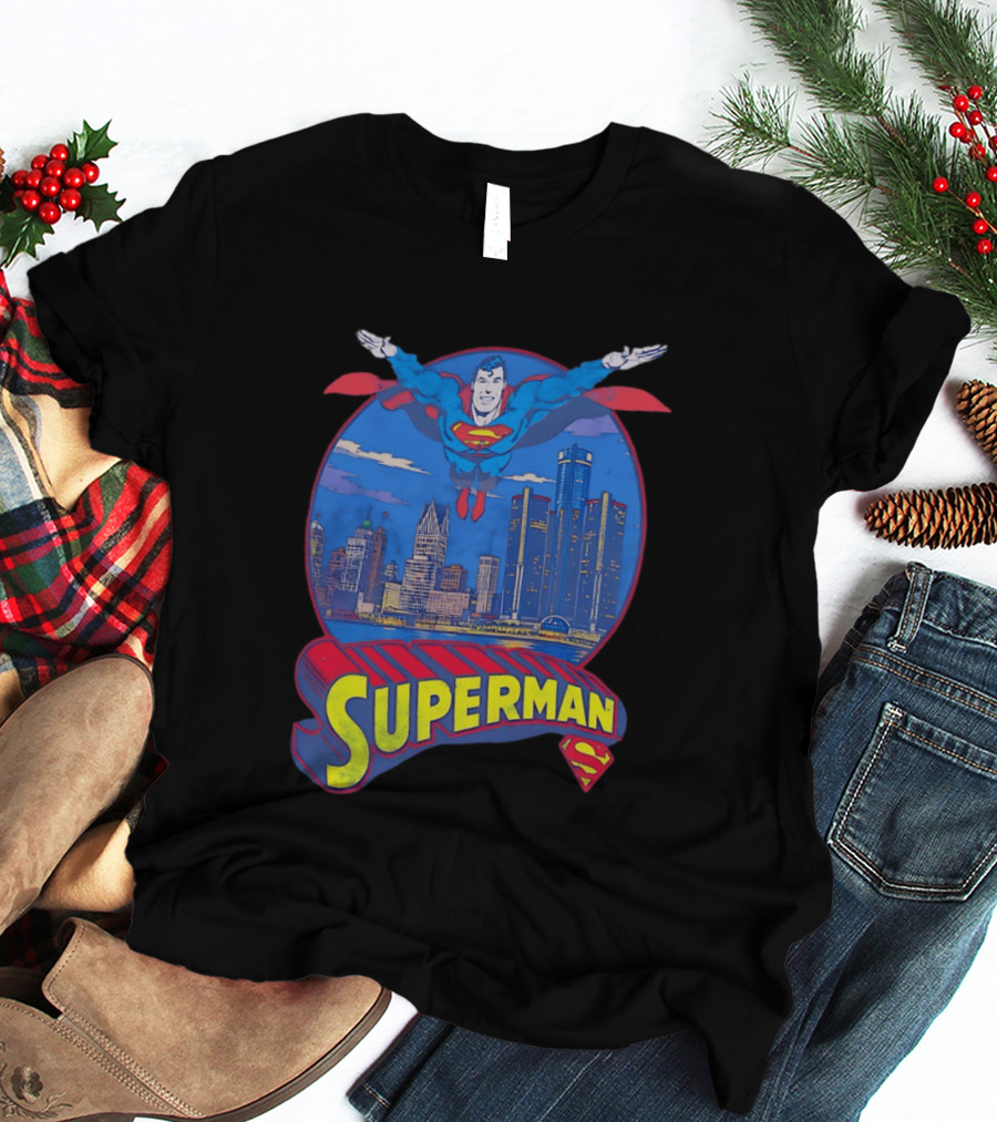 Detroit Superman Jay Towers Motor City Skyline Superman Logo Retro Comic T-Shirt