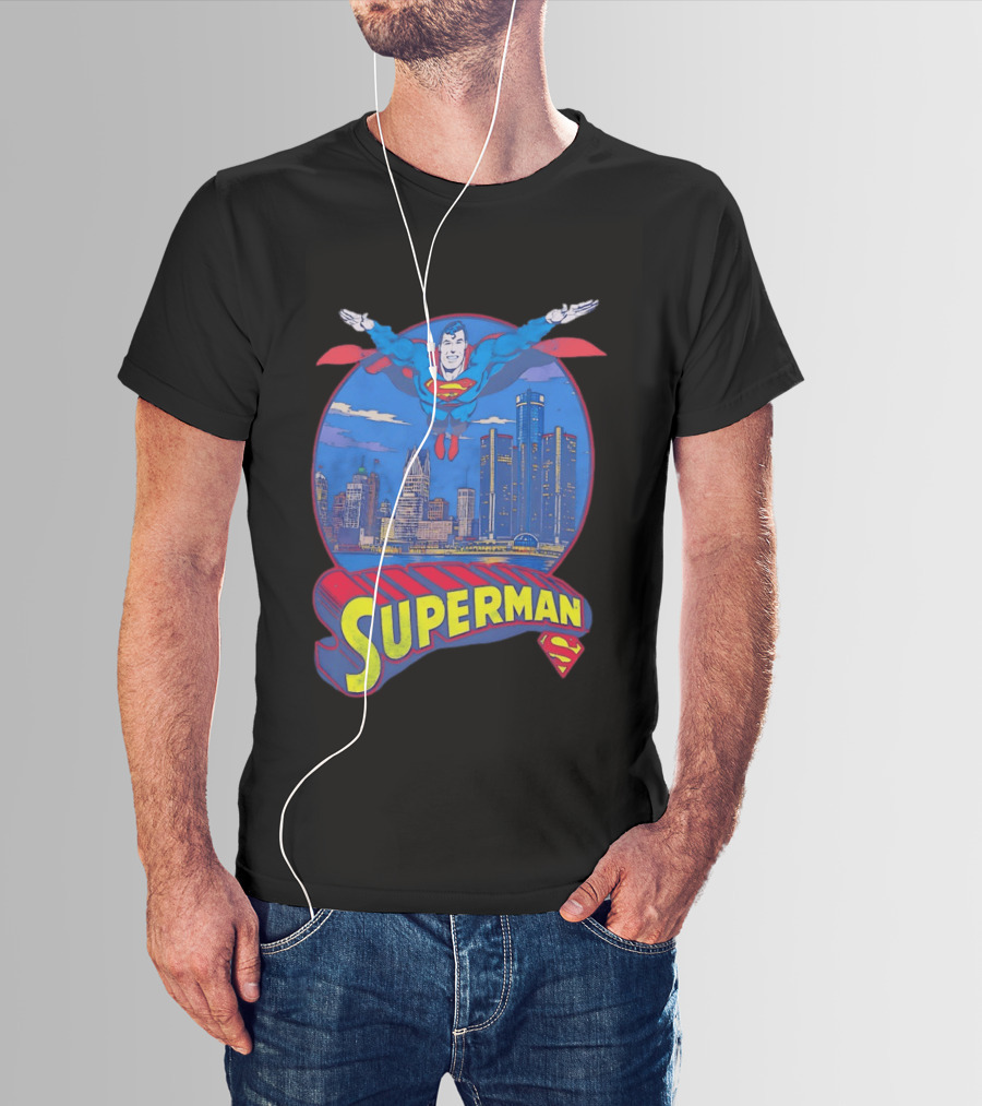 Detroit Superman Jay Towers Motor City Skyline Superman Logo Retro Comic T-Shirt