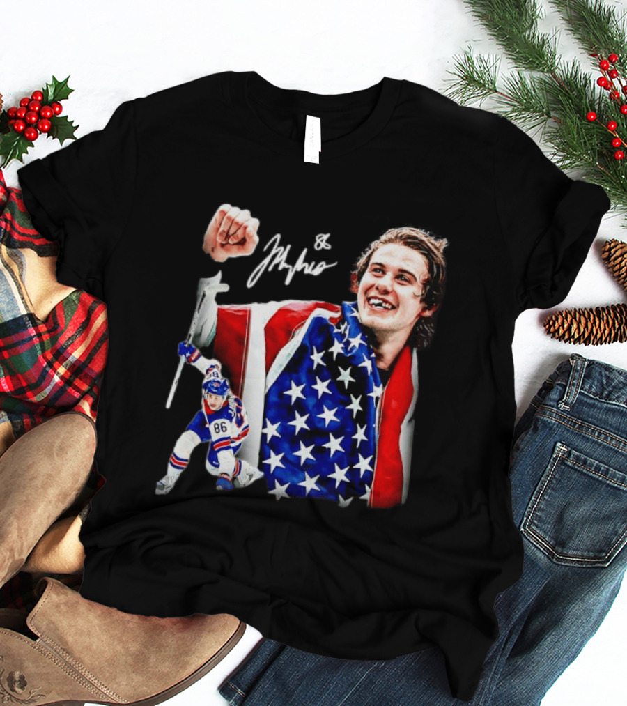 Jack Hughes New Jersey Devils USA Flag 86 Hockey Celebration T-Shirt