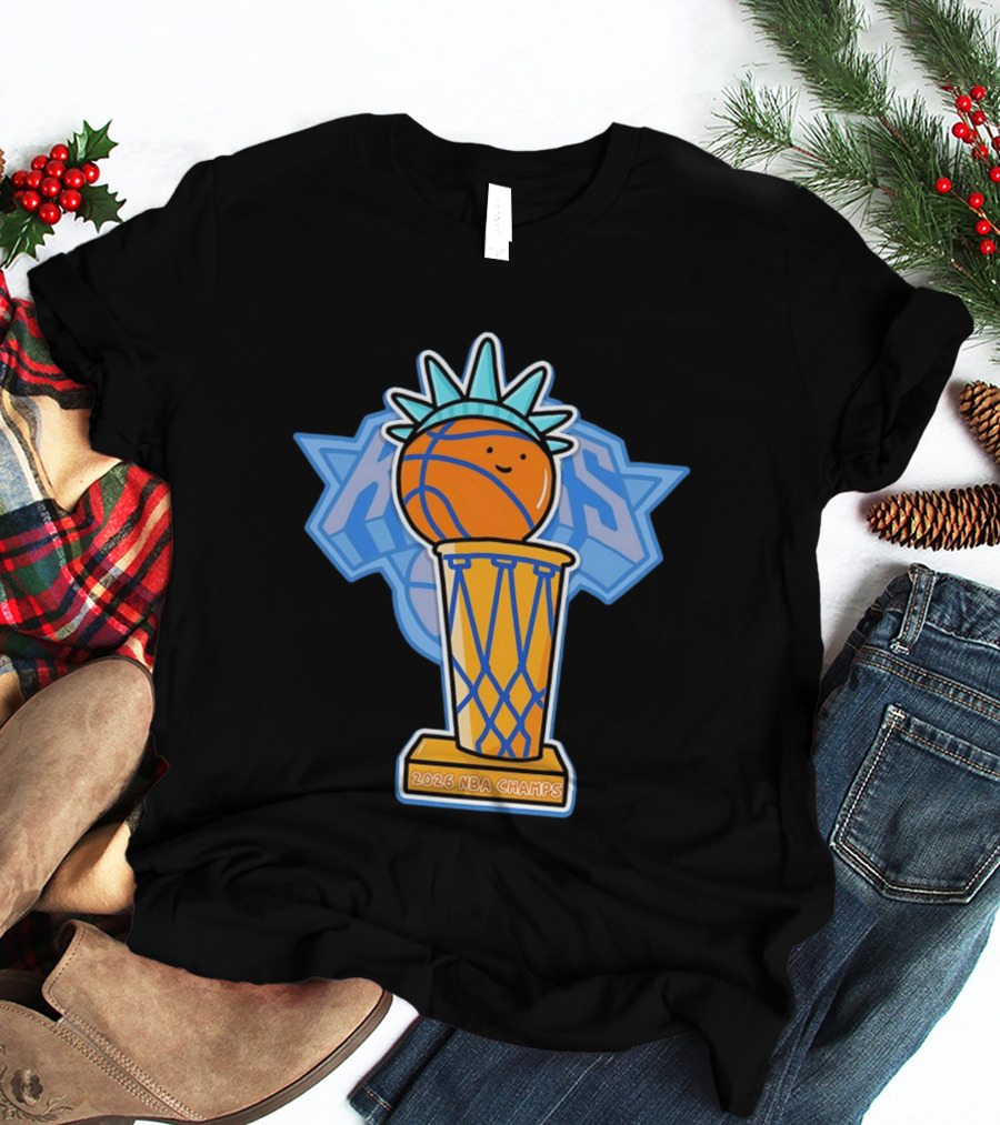 Knicks NBA Champs 2026 Statue Of Liberty Basketball Trophy T-Shirt