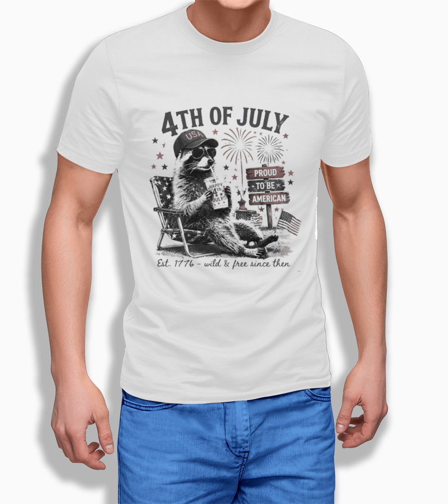 4th Of July Raccoon USA Hat Sunglasses Proud To Be American Est 1776 T-Shirt