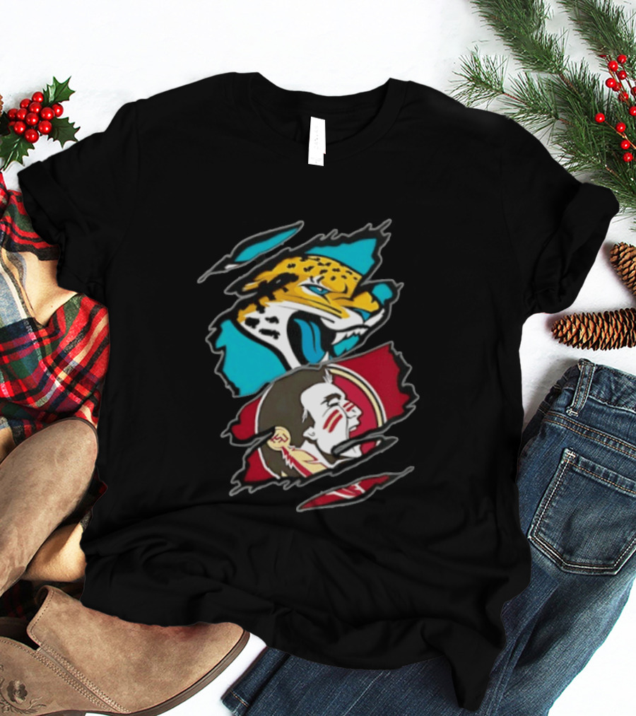 Jacksonville Jaguars Florida State Seminoles Two Teams One Heart Scratch T-Shirt
