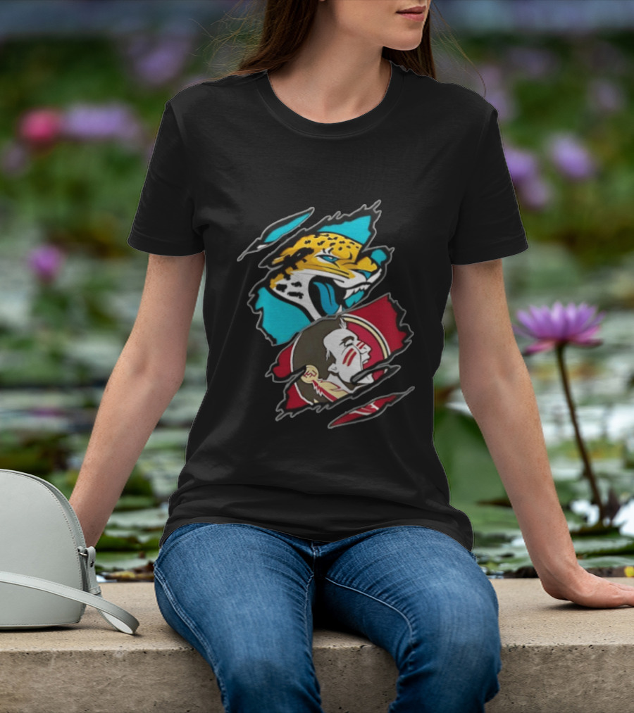 Jacksonville Jaguars Florida State Seminoles Two Teams One Heart Scratch T-Shirt