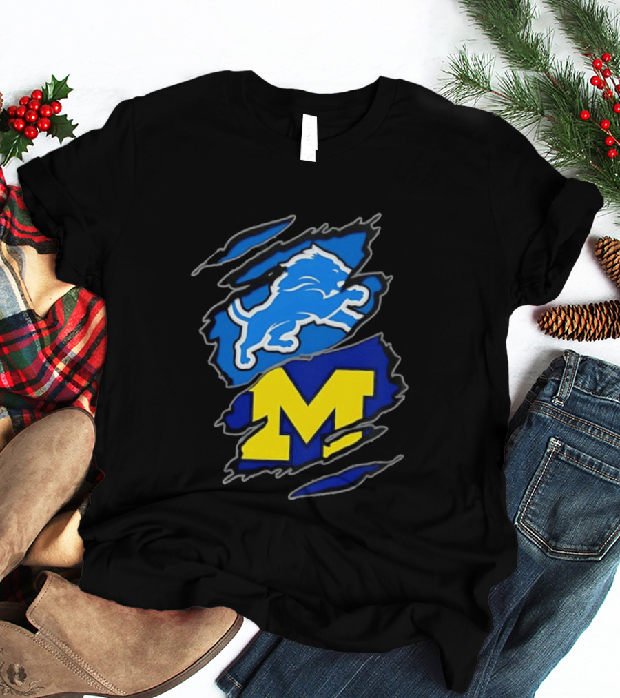 Detroit Lions Michigan Wolverines Two Teams One Heart Scratch T-Shirt