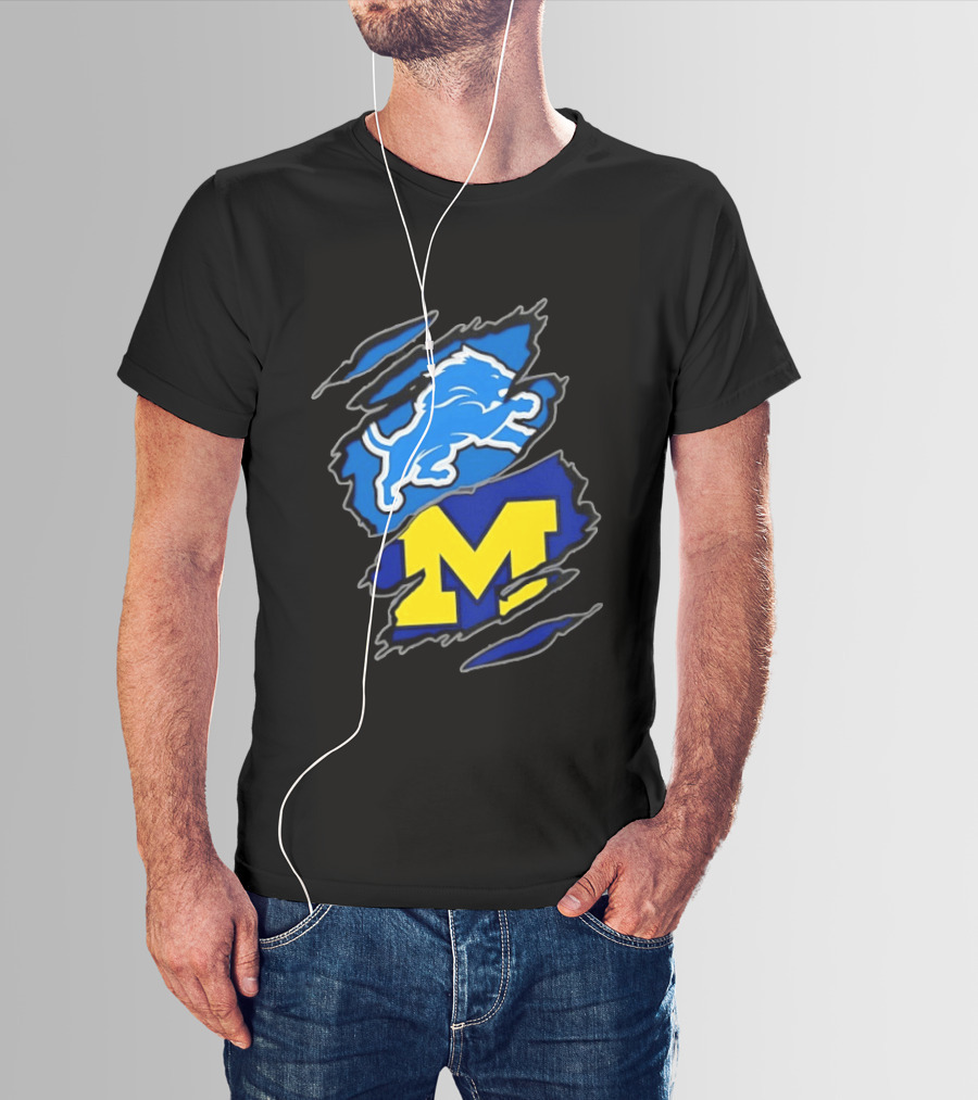 Detroit Lions Michigan Wolverines Two Teams One Heart Scratch T-Shirt