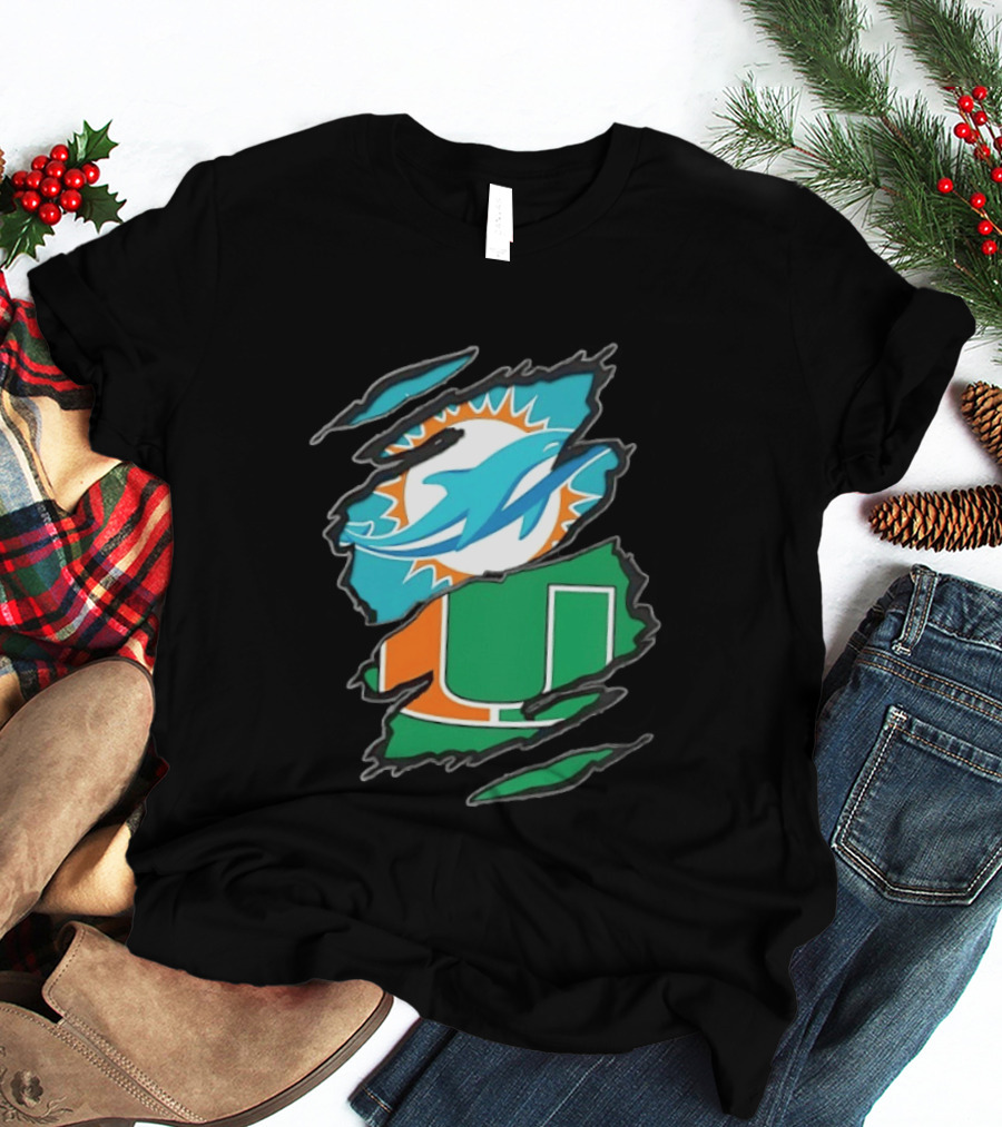 Miami Dolphins And Miami Hurricanes Two Teams One Heart Scratch T-Shirt