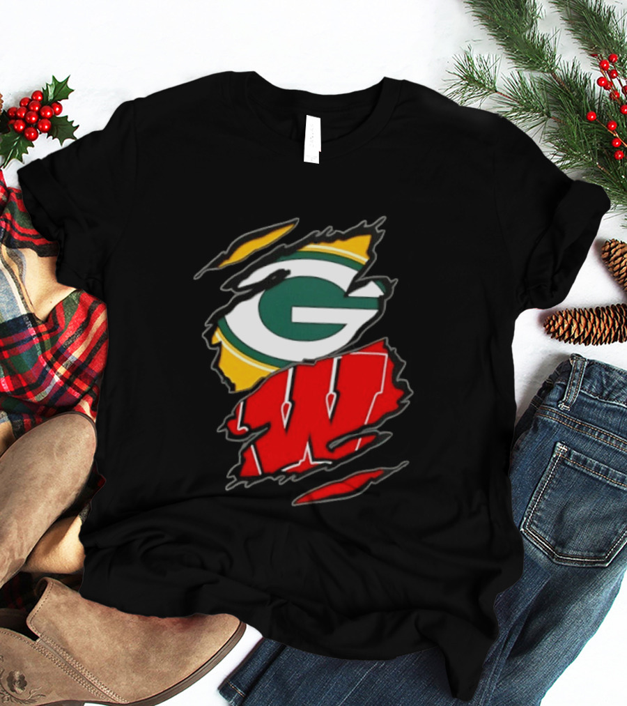 Green Bay Packers Wisconsin Badgers Two Teams One Heart Scratch T-Shirt