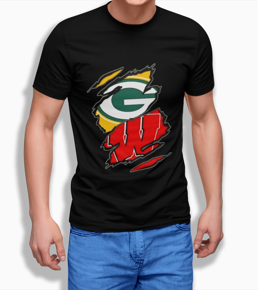 Green Bay Packers Wisconsin Badgers Two Teams One Heart Scratch T-Shirt