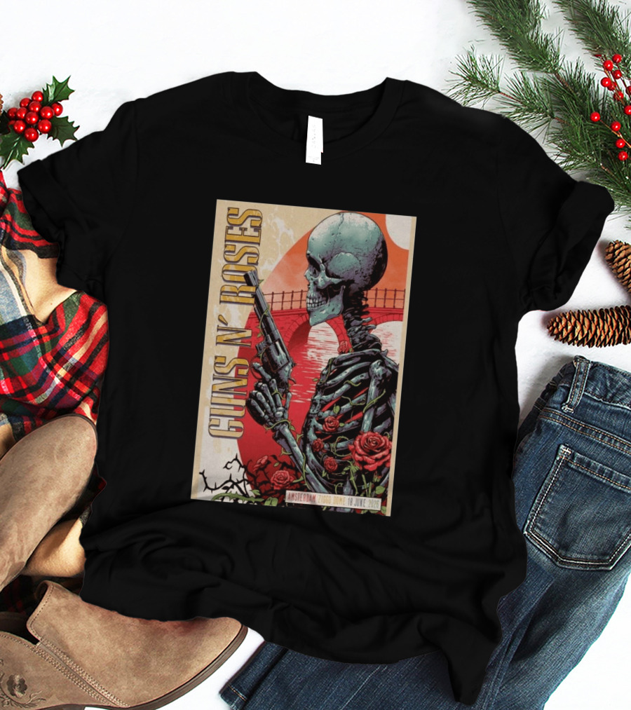 Guns N' Roses Amsterdam 18 June 2026 Ziggo Dome Skeleton With Gun And Roses T-Shirt