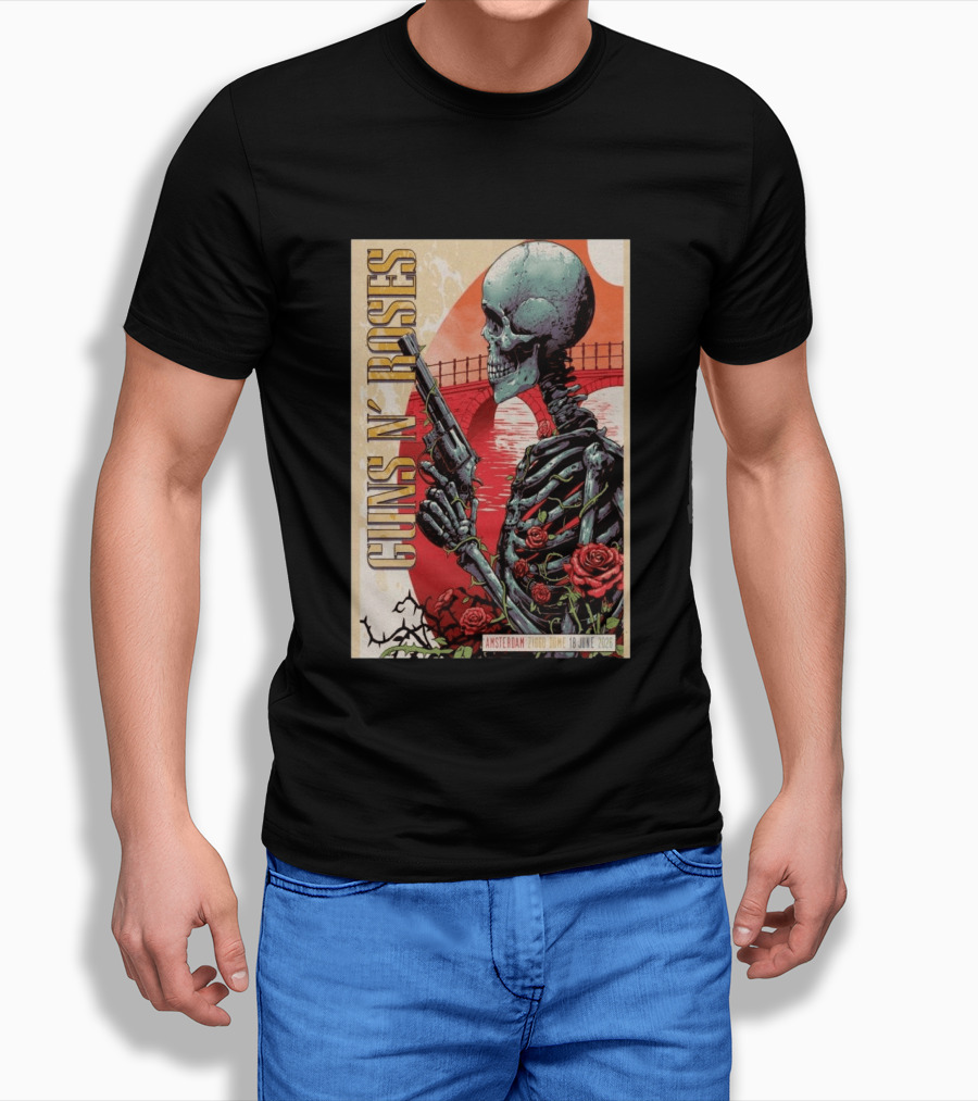 Guns N' Roses Amsterdam 18 June 2026 Ziggo Dome Skeleton With Gun And Roses T-Shirt