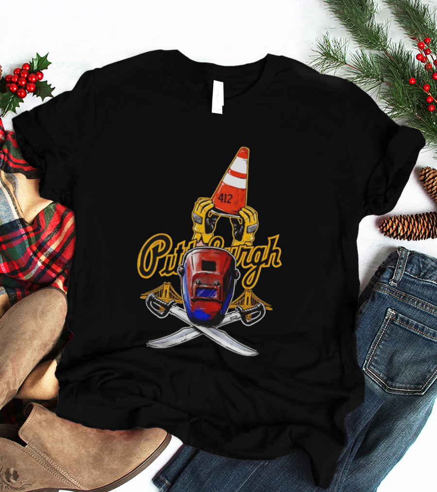Pittsburgh 412 Welding Mask Construction Cone Crossed Swords Yellow Bridge T-Shirt