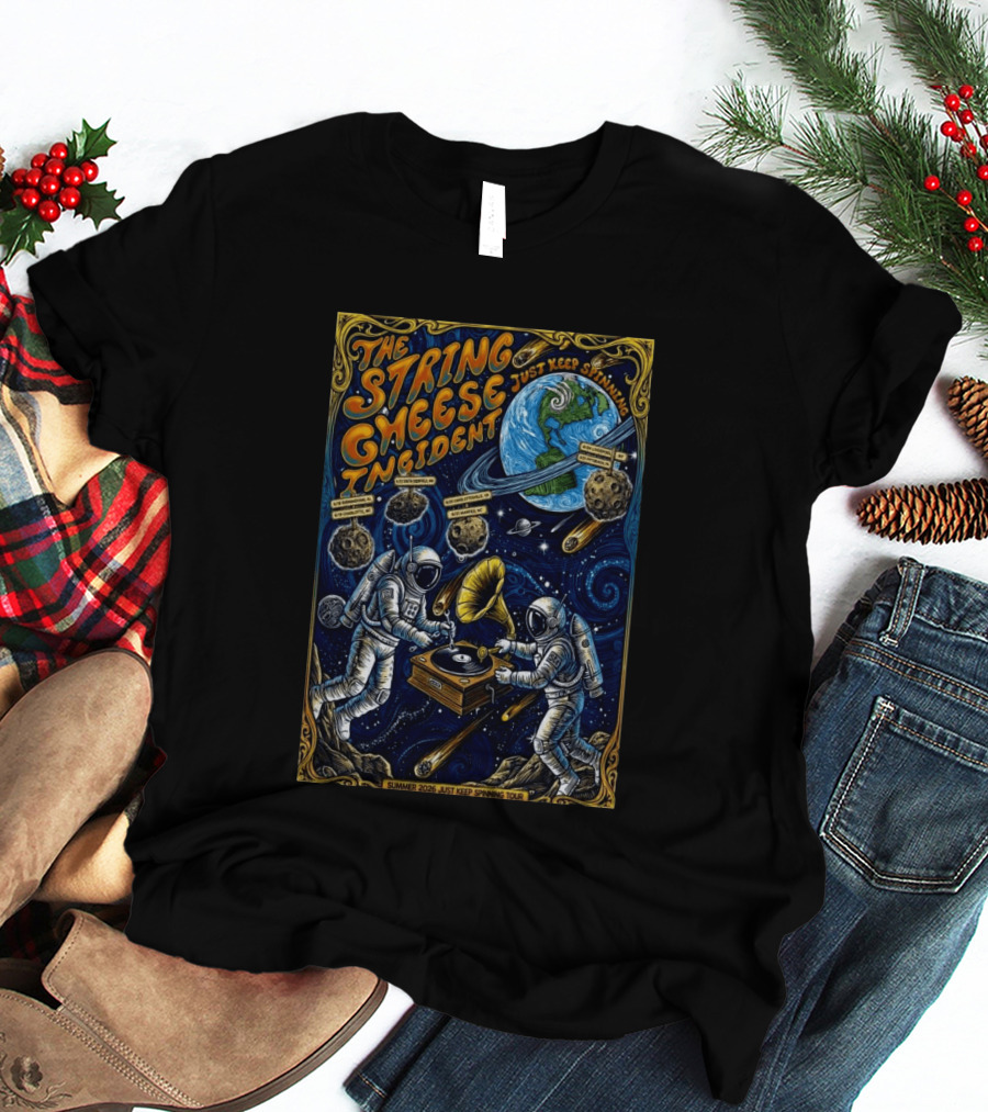 The String Cheese Incident Summer 2026 Just Keep Spinning Tour Astronauts Vinyl Planet T-Shirt