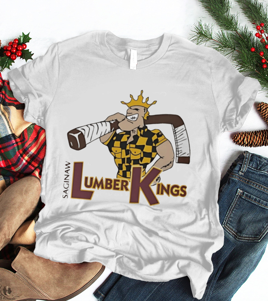 Saginaw Lumber Kings Hockey Team Logo Player With Crown And Hockey Stick T-Shirt