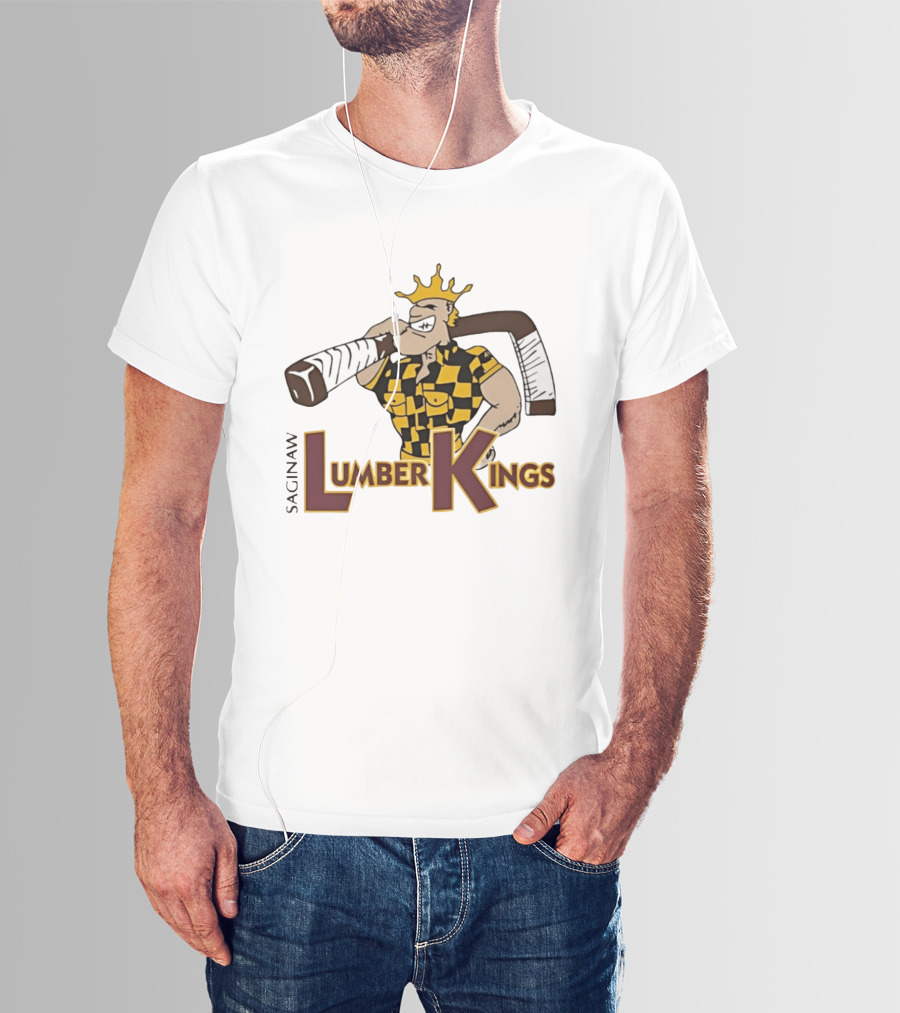 Saginaw Lumber Kings Hockey Team Logo Player With Crown And Hockey Stick T-Shirt