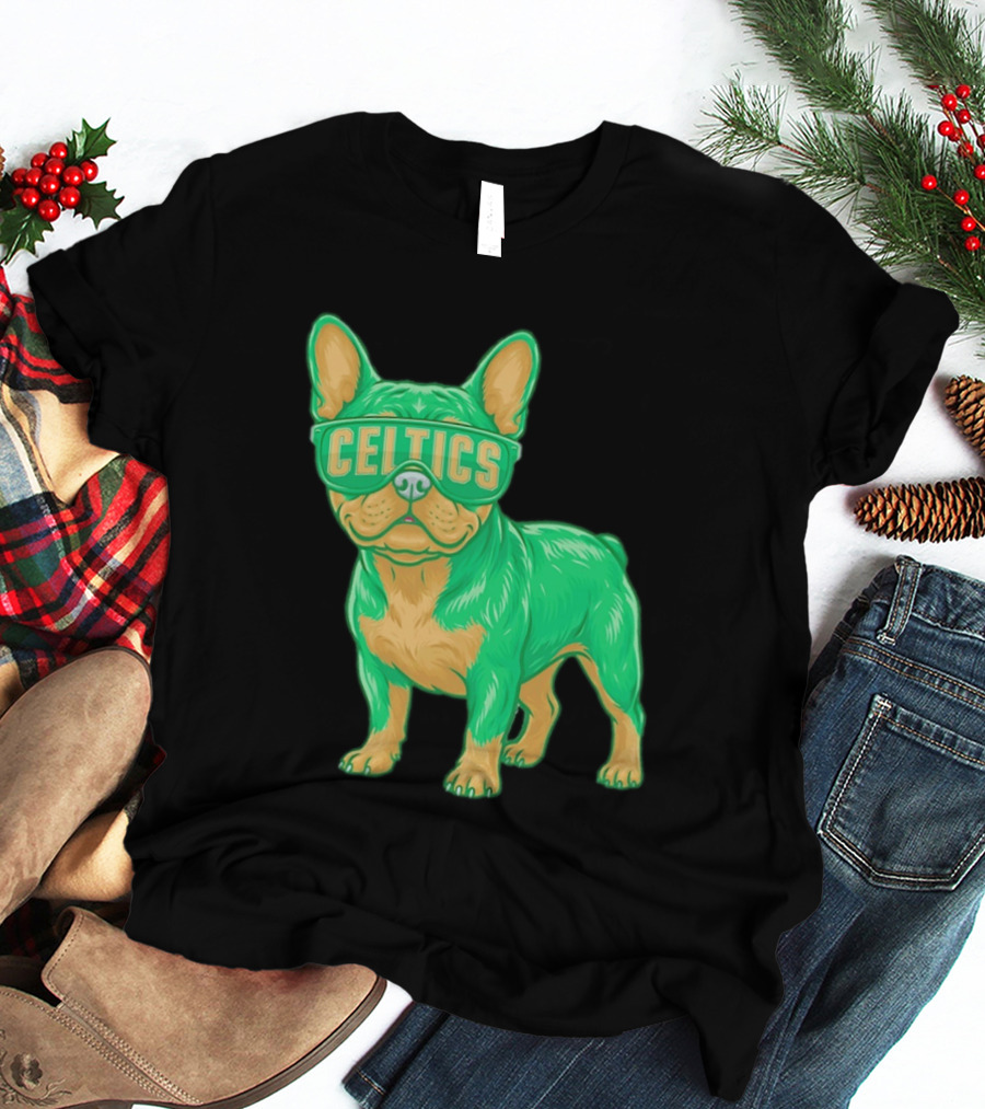 Boston Celtics French Bulldog Wearing Celtics Glasses T-Shirt