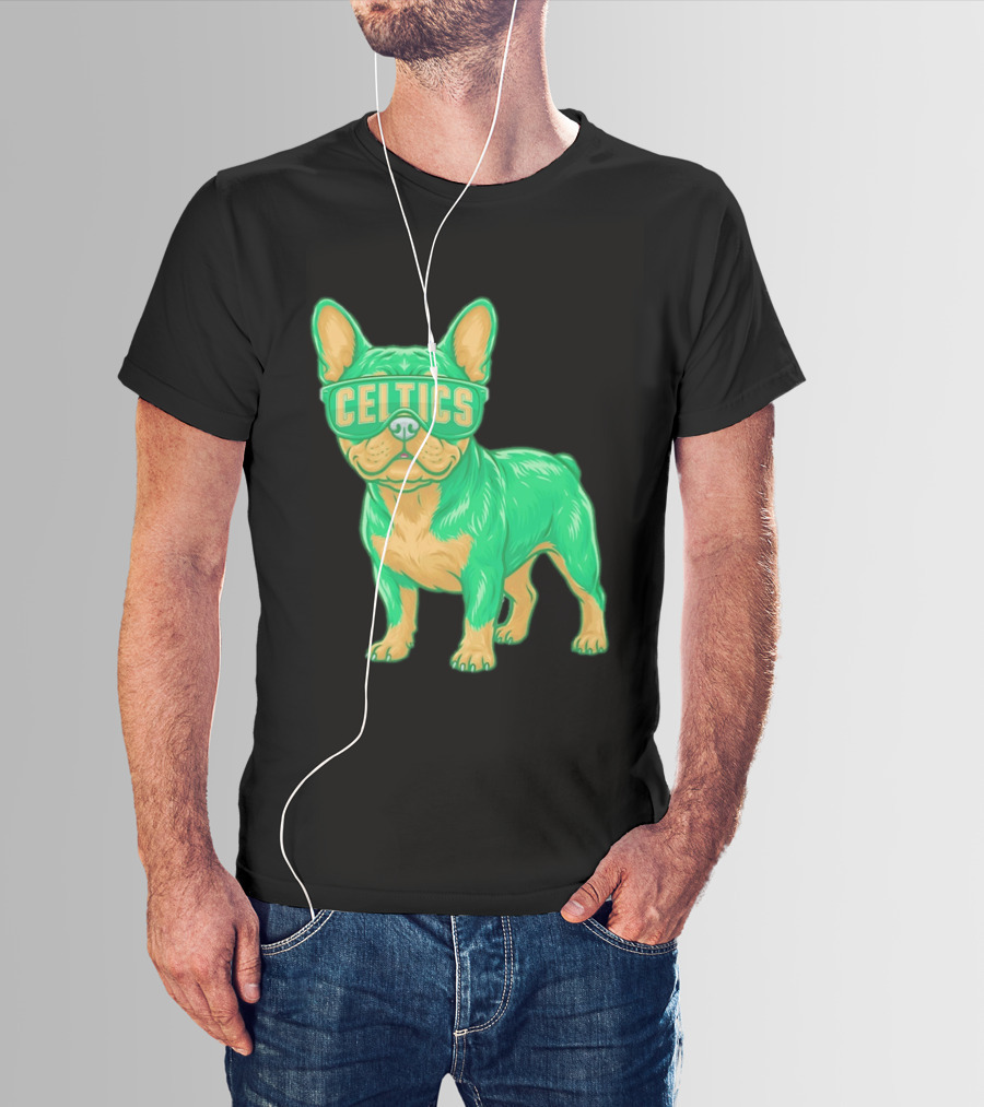 Boston Celtics French Bulldog Wearing Celtics Glasses T-Shirt