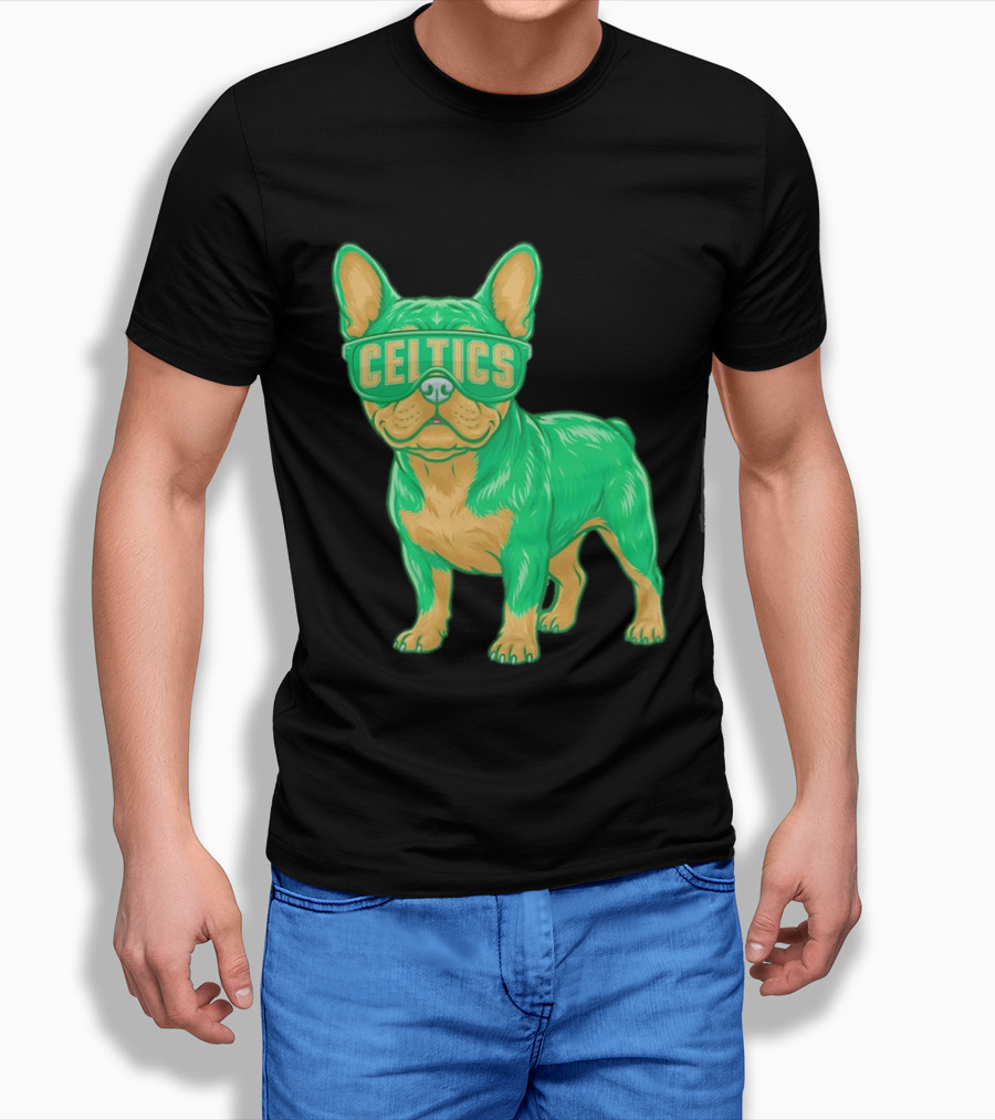 Boston Celtics French Bulldog Wearing Celtics Glasses T-Shirt