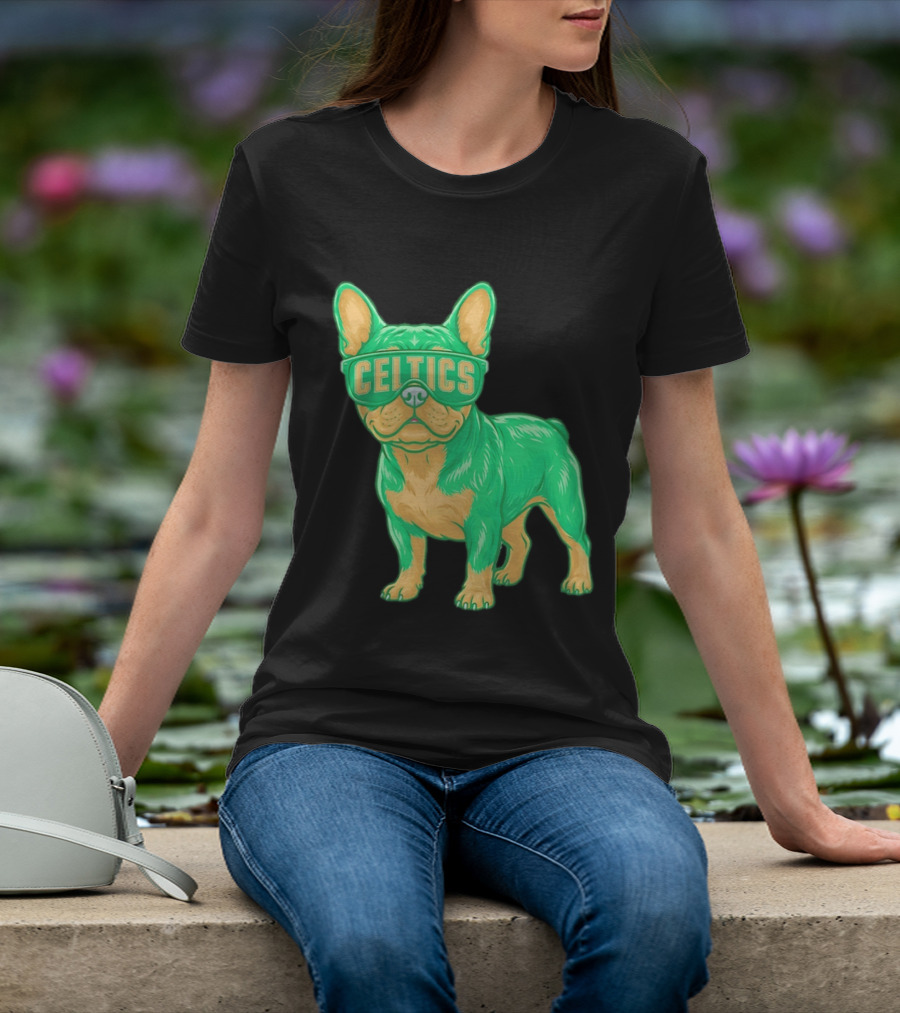 Boston Celtics French Bulldog Wearing Celtics Glasses T-Shirt