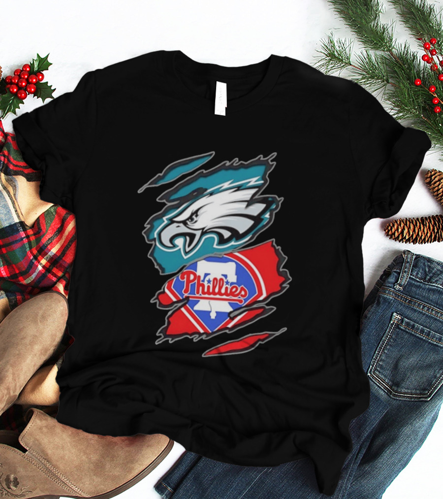 Philadelphia Eagles And Philadelphia Phillies Two Teams One Heart Scratch Logo Fusion T-Shirt