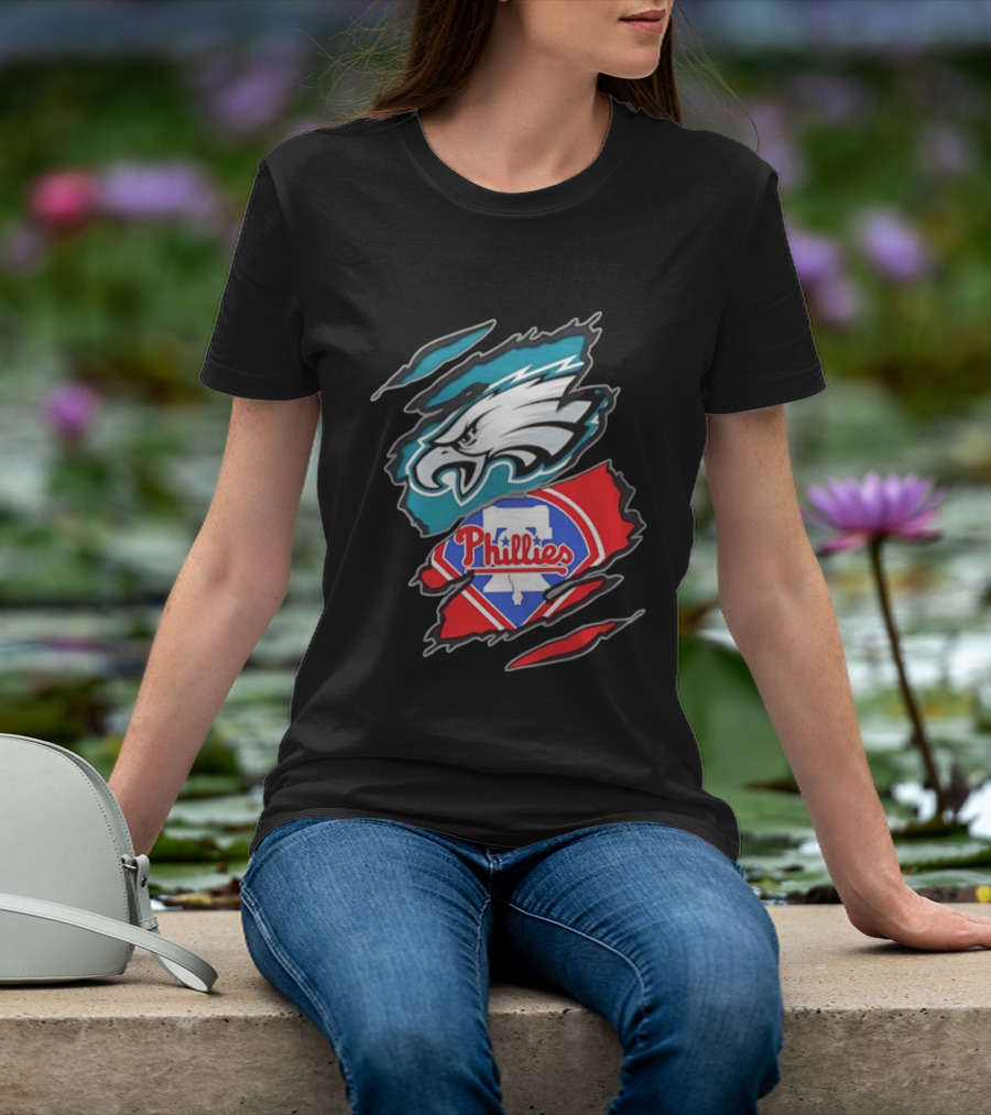 Philadelphia Eagles And Philadelphia Phillies Two Teams One Heart Scratch Logo Fusion T-Shirt