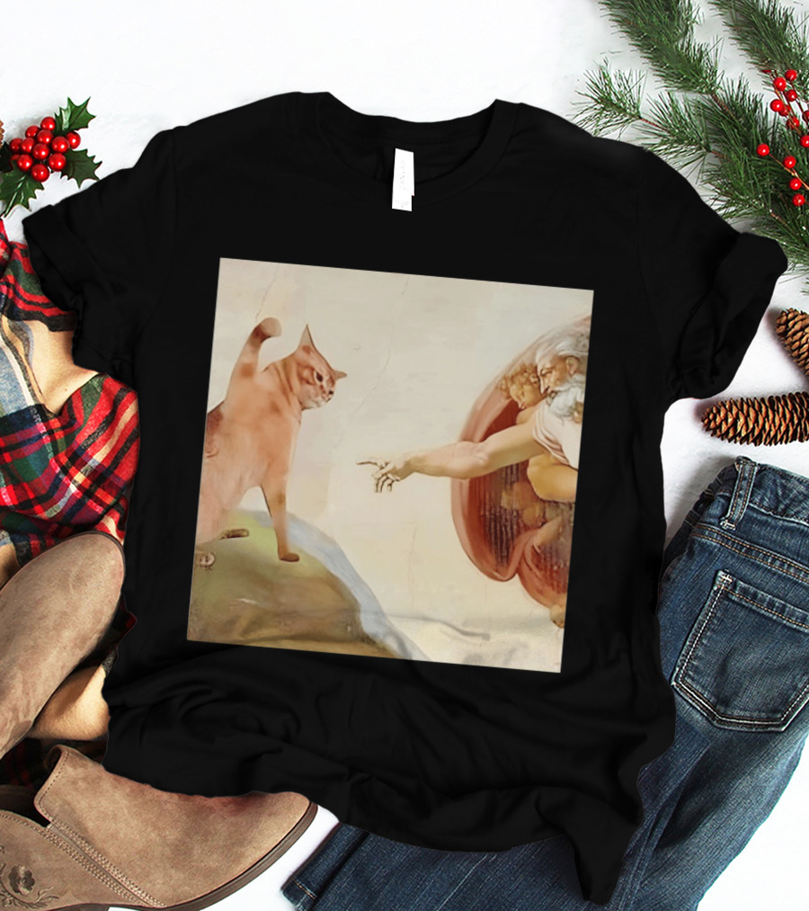 Floppa Meets Creation In Iconic God Touching Fingers Scene T-Shirt