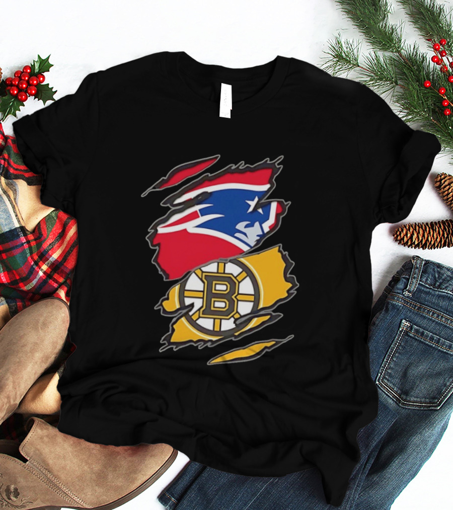 New England Patriots Boston Bruins Two Teams One Heart Scratch NFL NHL Fan T-Shirt