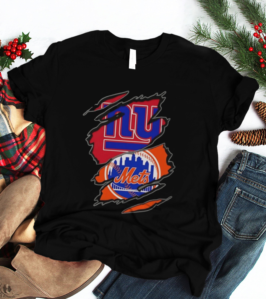 New York Giants New York Mets Two Teams One Heart Scratch T-Shirt