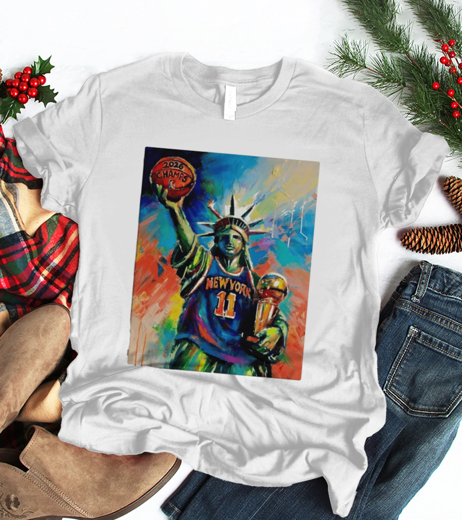 New York Knicks 11 Statue Of Liberty 2026 Champs Trophy Basketball T-Shirt