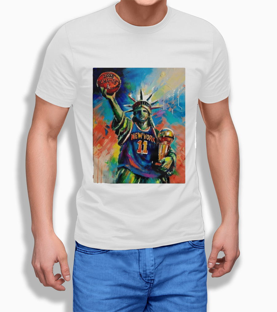 New York Knicks 11 Statue Of Liberty 2026 Champs Trophy Basketball T-Shirt