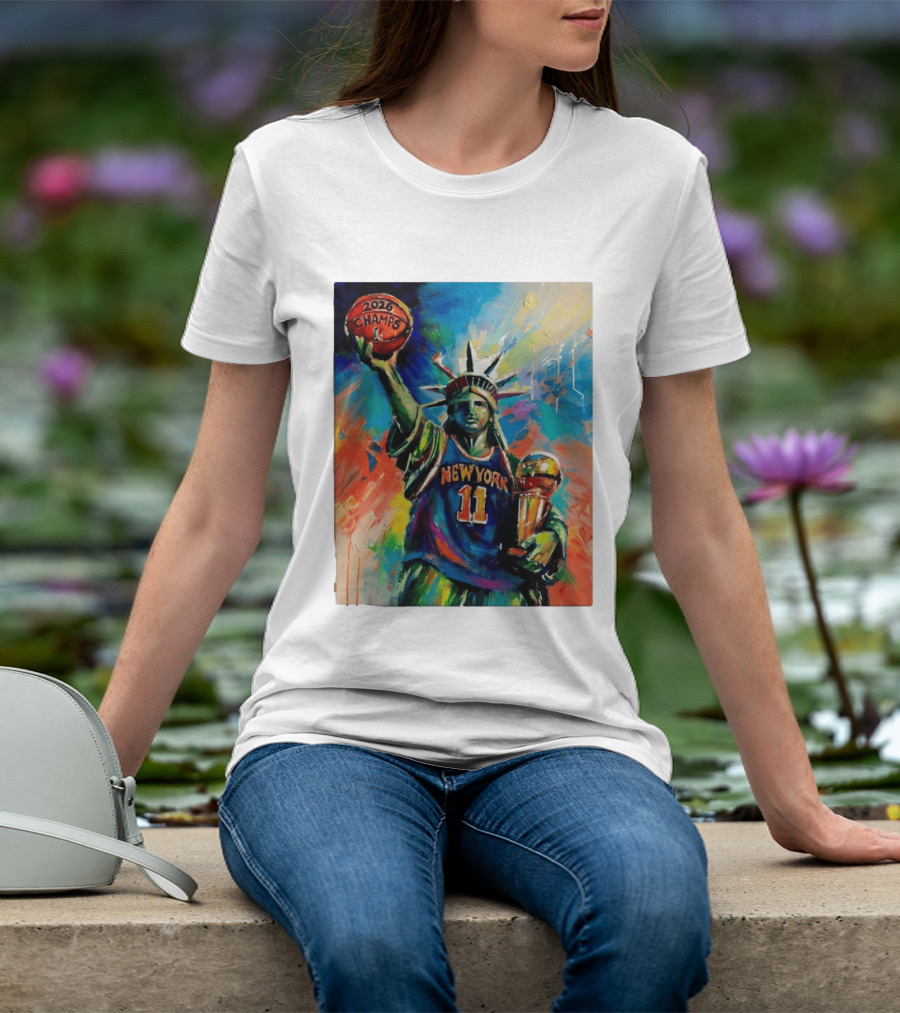 New York Knicks 11 Statue Of Liberty 2026 Champs Trophy Basketball T-Shirt