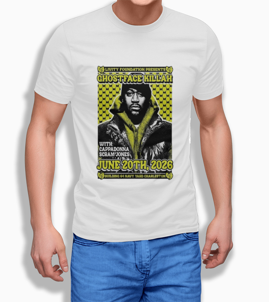 Livity Foundation Presents Ghostface Killah June 20th 2026 With Cappadonna Scram Jones Building 64 Navy Yard Charleston T-Shirt