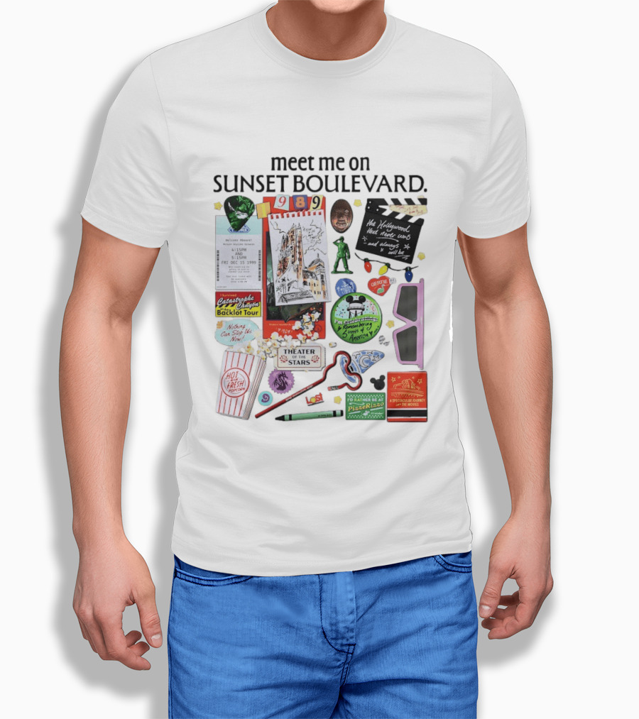 Meet Me On Sunset Boulevard Hollywood Tower Of Terror Theater Of The Stars Pizza Rizzo 3D Glasses Collage T-Shirt