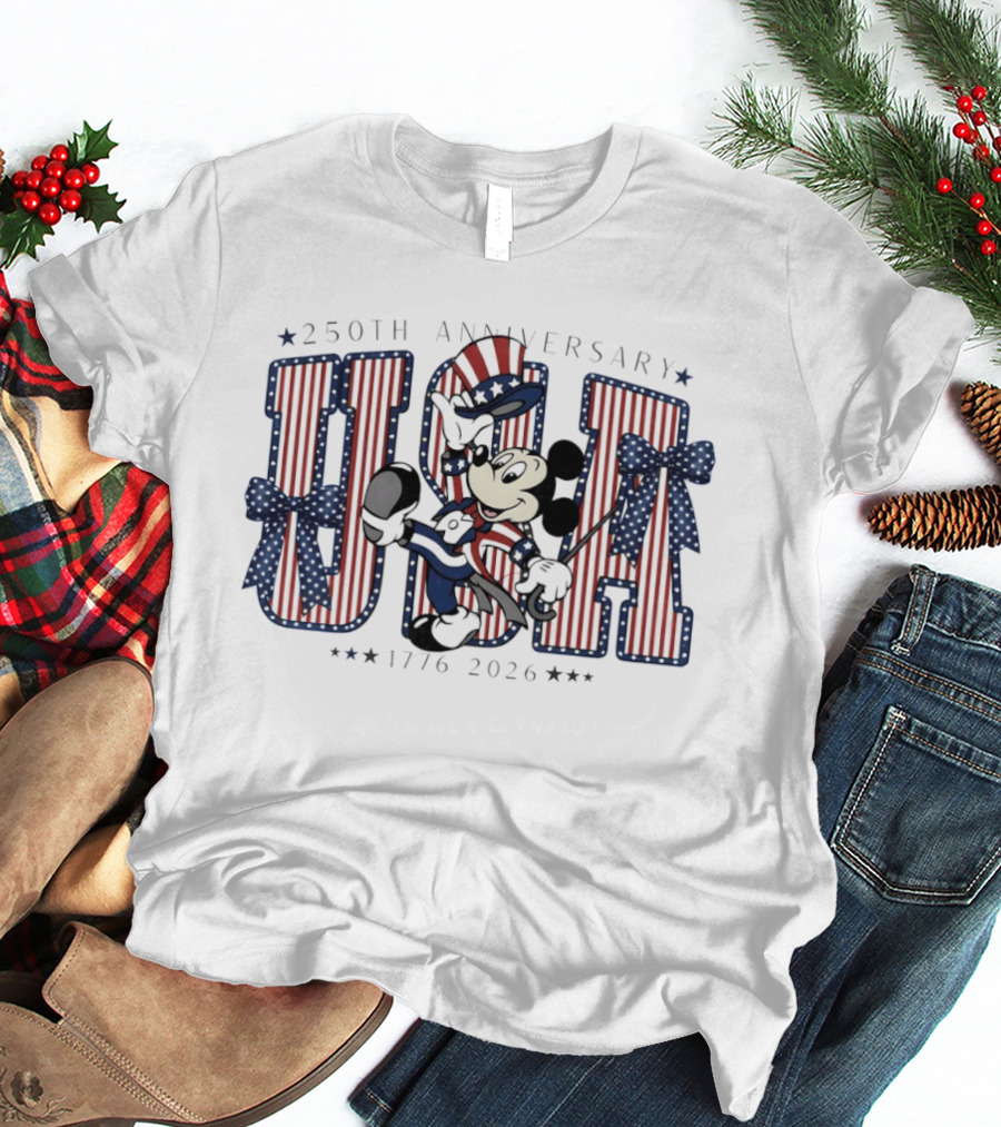 250th Anniversary Mickey Mouse USA 1776 2026 Patriotic Bow Disney Holiday T-Shirt