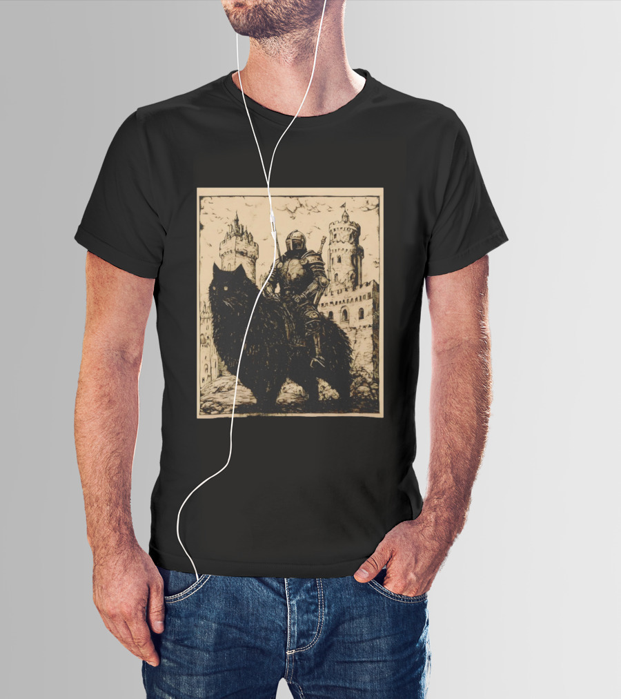 Knight Riding Giant Cat In Medieval Fantasy Castle Scene T-Shirt