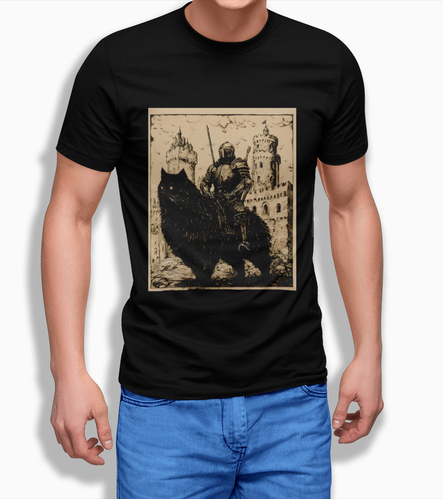 Knight Riding Giant Cat In Medieval Fantasy Castle Scene T-Shirt