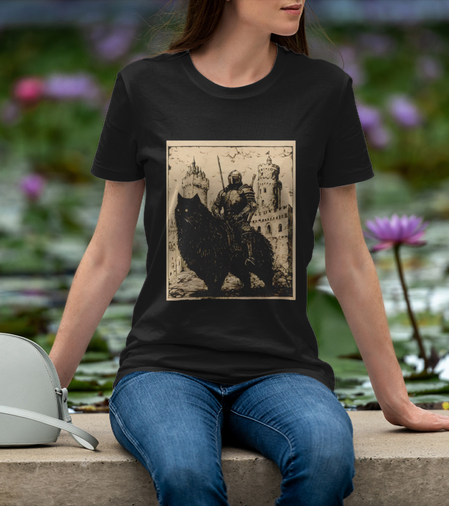Knight Riding Giant Cat In Medieval Fantasy Castle Scene T-Shirt