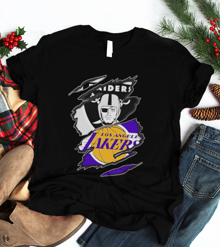 Las Vegas Raiders Los Angeles Lakers Two Teams One Heart Scratch T-Shirt