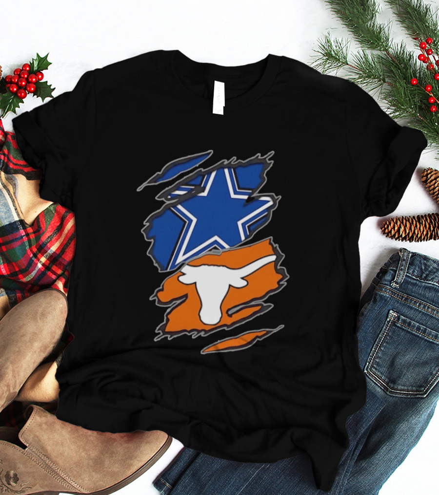 Dallas Cowboys Texas Longhorns Two Teams One Heart Scratch Torn Star Helmet T-Shirt
