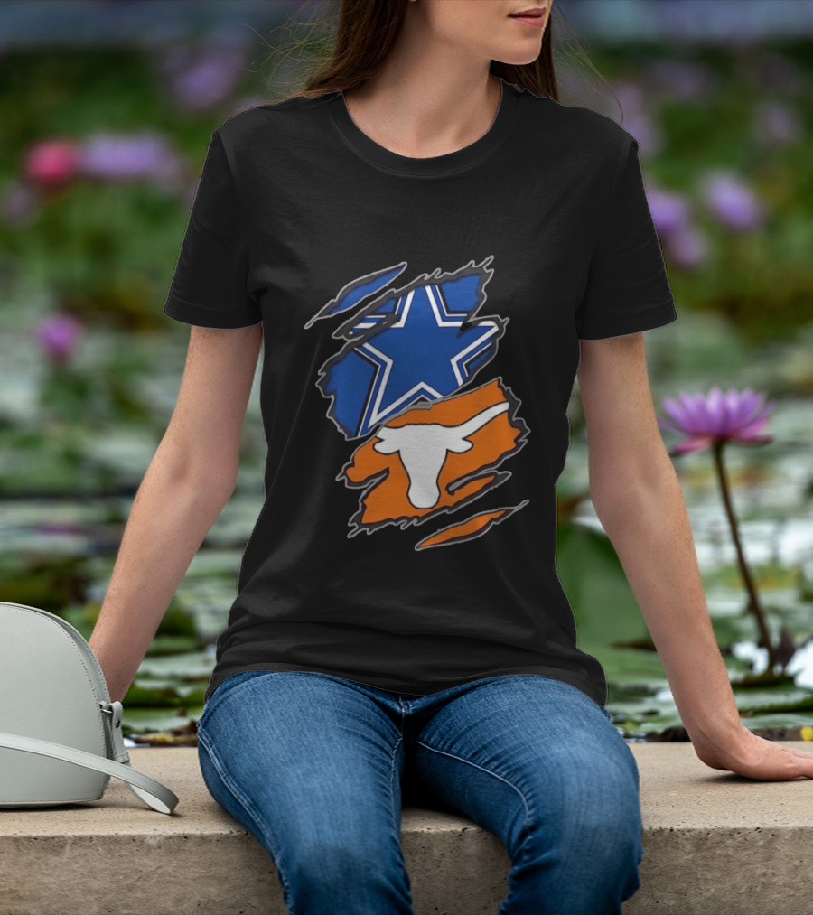 Dallas Cowboys Texas Longhorns Two Teams One Heart Scratch Torn Star Helmet T-Shirt