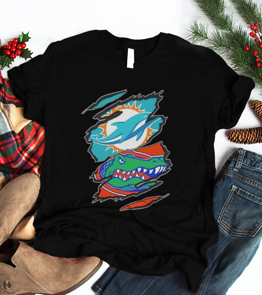 Miami Dolphins Florida Gators Two Teams One Heart Scratch T-Shirt