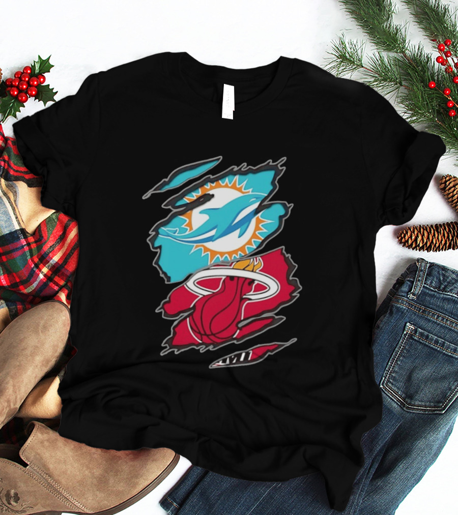 Miami Dolphins Miami Heat Two Teams One Heart Scratch T-Shirt