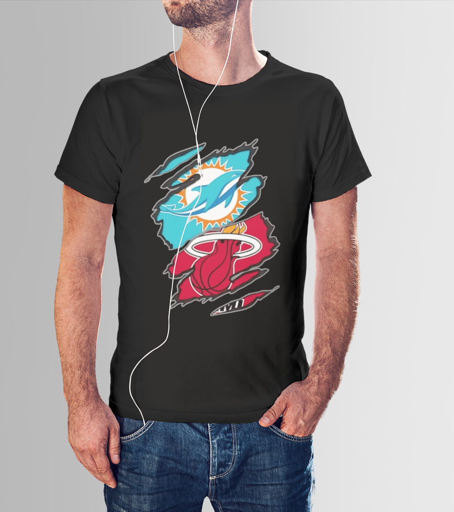 Miami Dolphins Miami Heat Two Teams One Heart Scratch T-Shirt