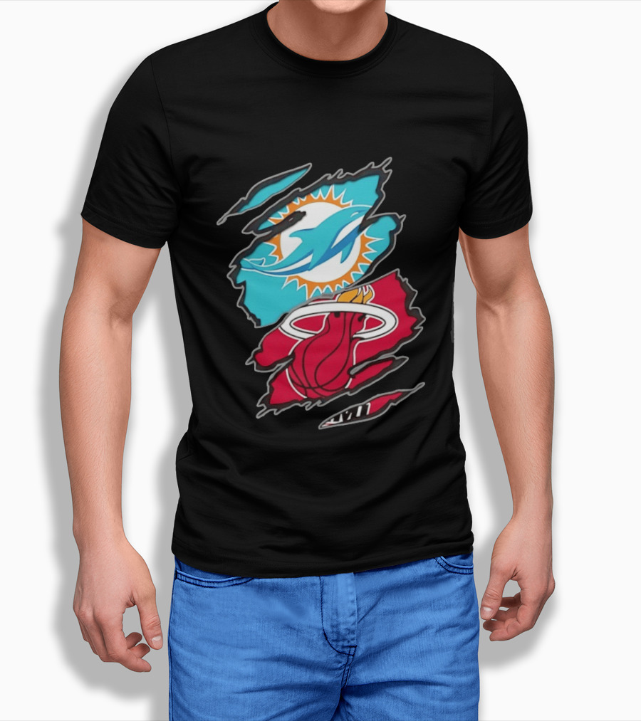 Miami Dolphins Miami Heat Two Teams One Heart Scratch T-Shirt
