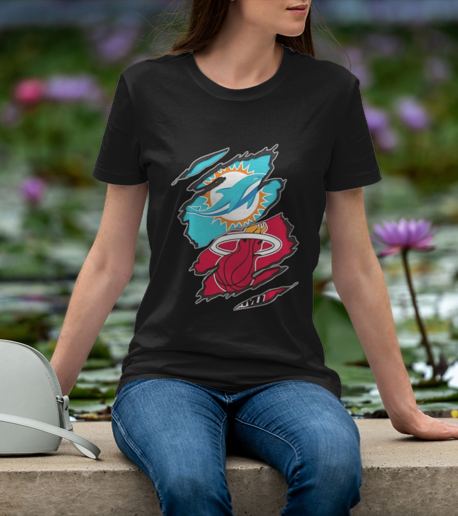 Miami Dolphins Miami Heat Two Teams One Heart Scratch T-Shirt