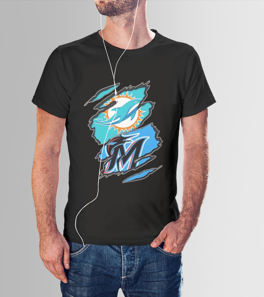Miami Dolphins Miami Marlins Two Teams One Heart Scratch Marks T-Shirt