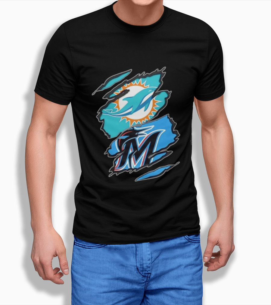 Miami Dolphins Miami Marlins Two Teams One Heart Scratch Marks T-Shirt