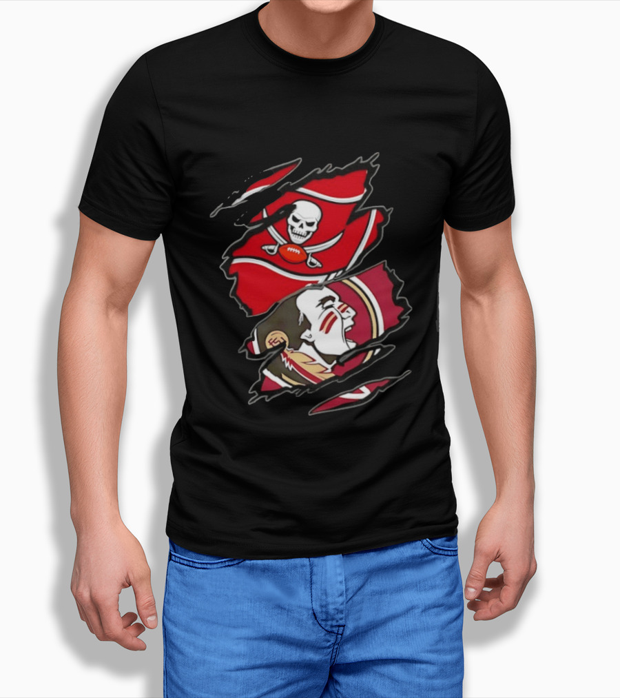 Tampa Bay Buccaneers And Florida State Seminoles Two Teams One Heart Scratch Skull Flag Warrior Face T-Shirt