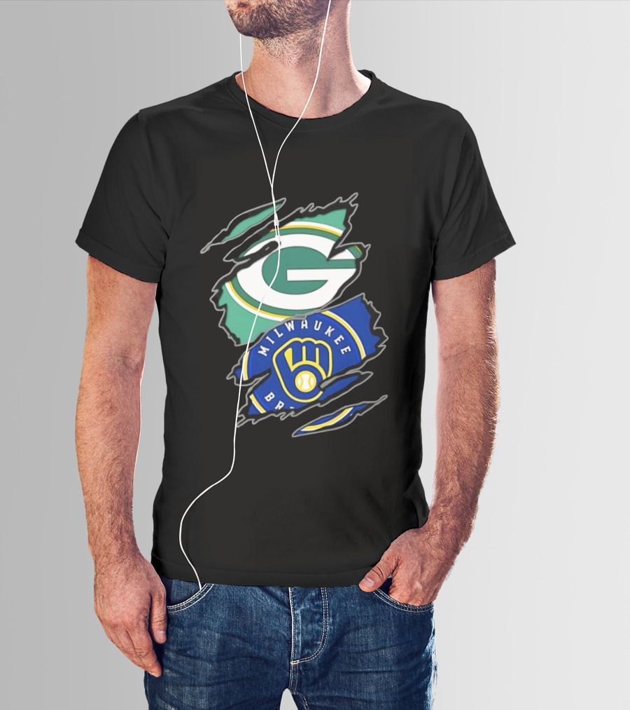 Green Bay Packers Milwaukee Brewers Two Teams One Heart Scratch T-Shirt