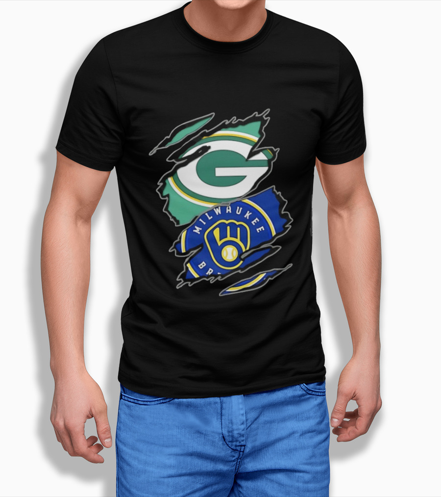 Green Bay Packers Milwaukee Brewers Two Teams One Heart Scratch T-Shirt